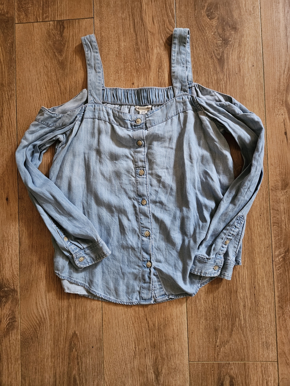 American Eagle Outfitters Light Blue Off-Shoulder Button-Up Top
